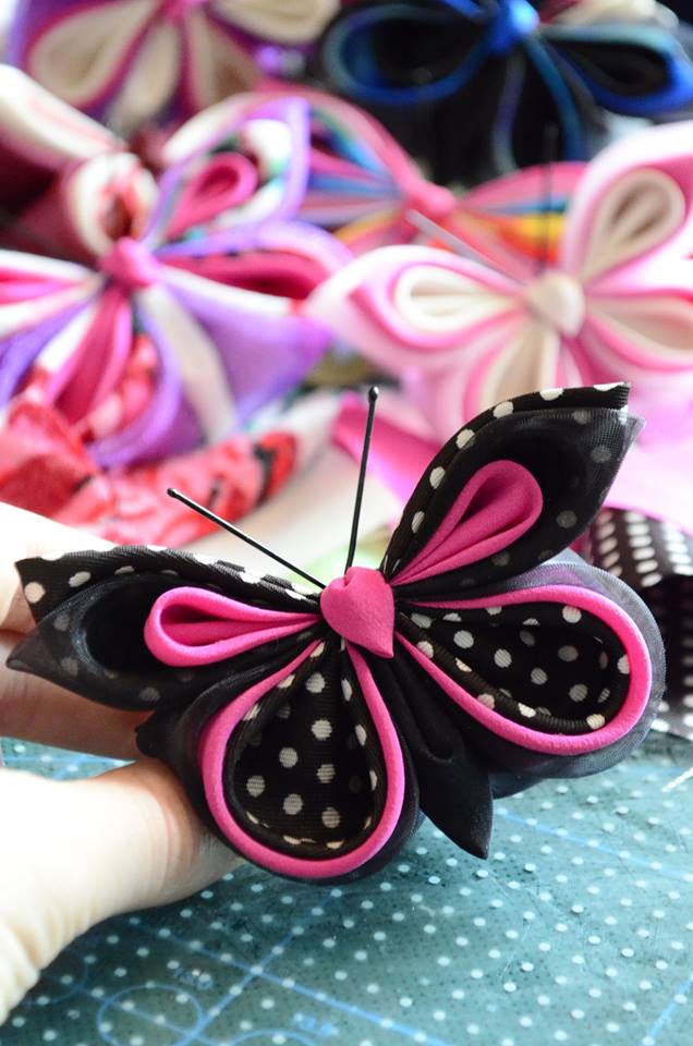 Black pink polka dot silk butterfly