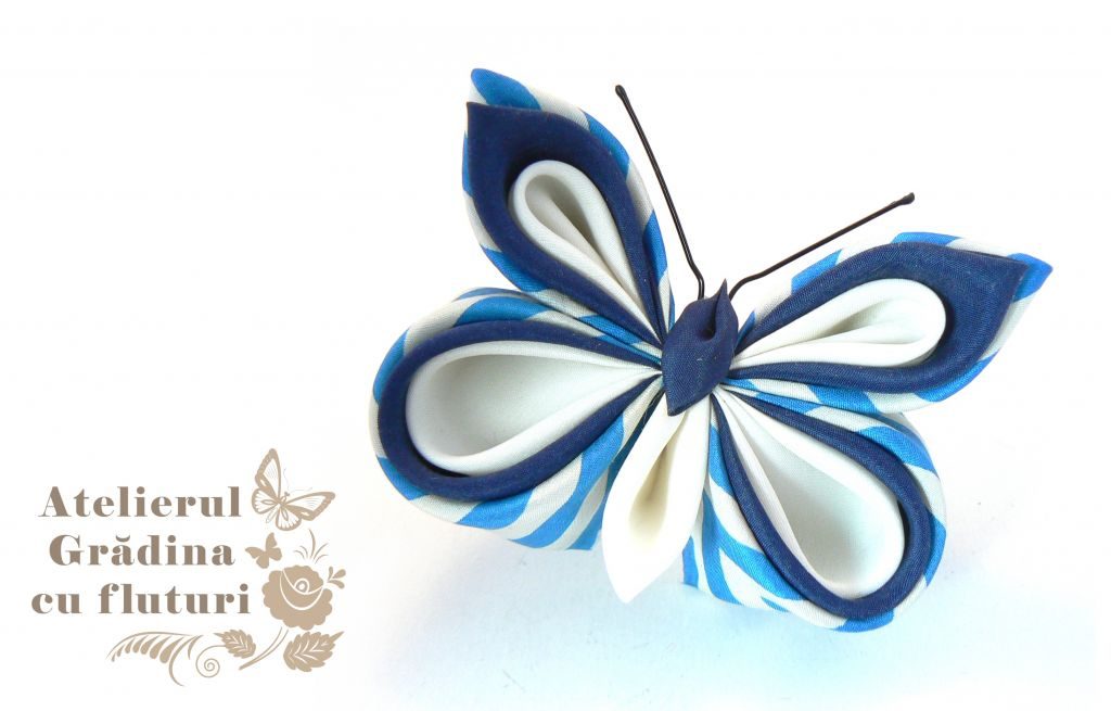 fluture albastru mătase kanzashi broşă