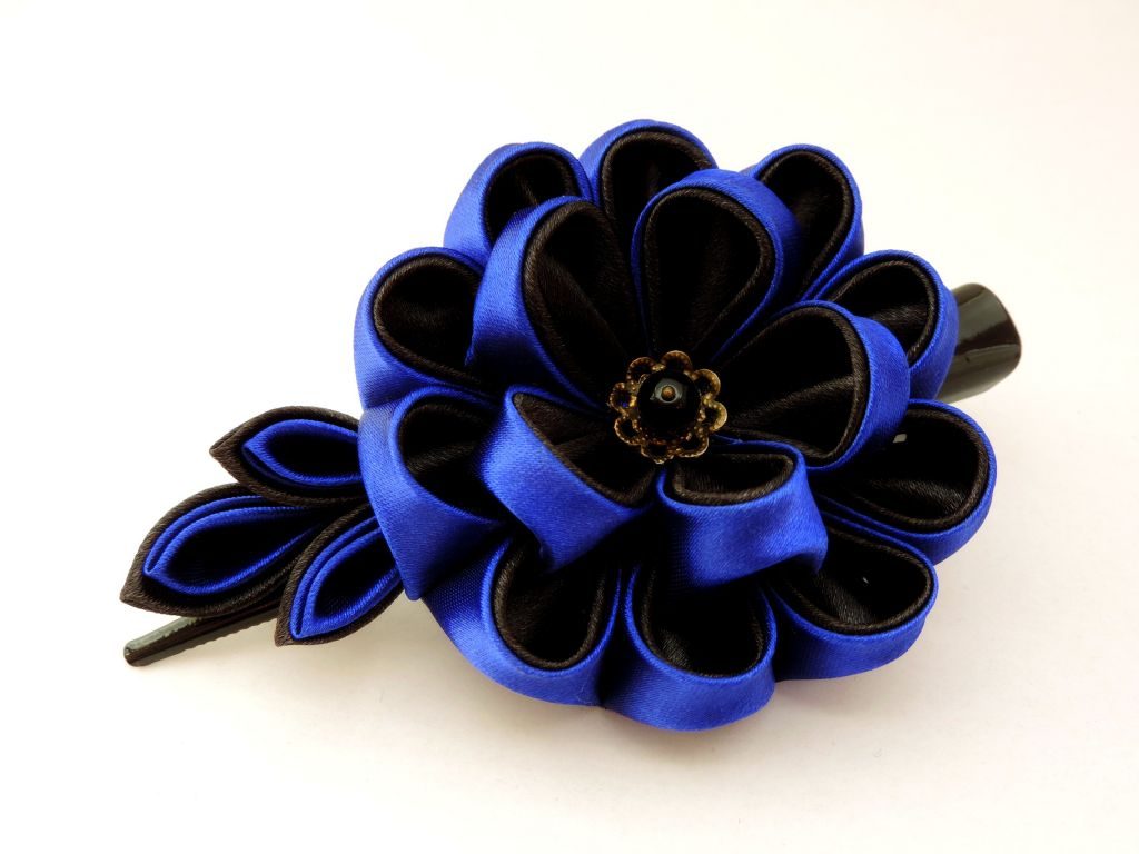 Bujor albastru negru - floare kanzashi satin