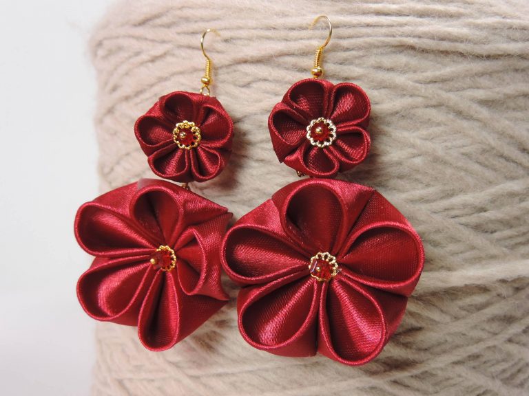 Fabric flower earrings - dark red double flowers