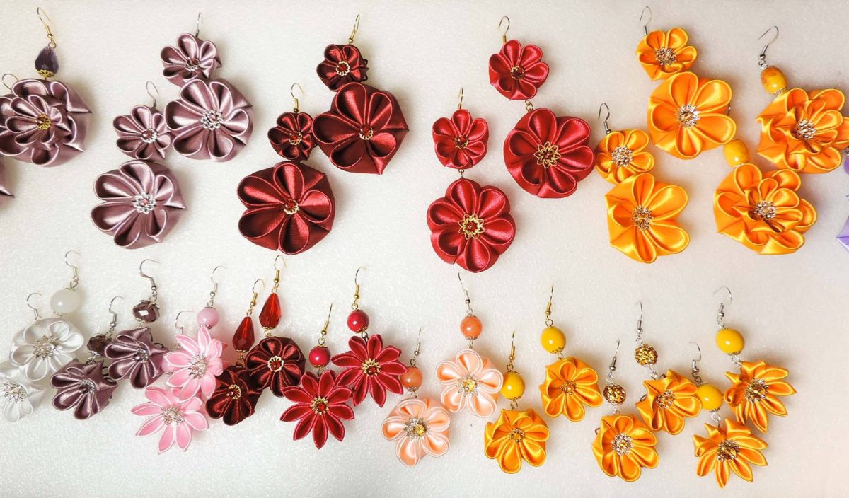 Many fabric flower earrings