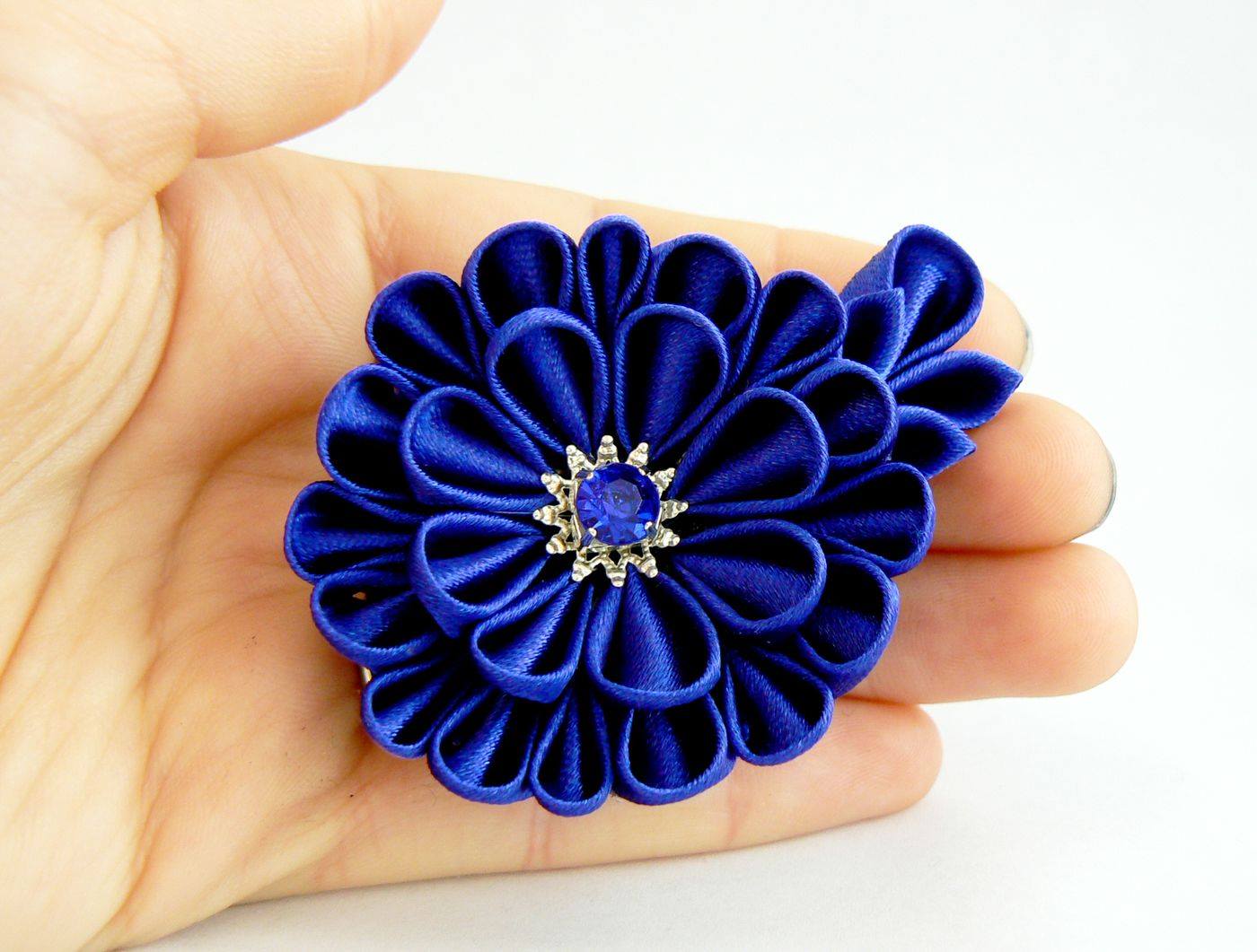 Royal blue satin fabric flower - dahlia