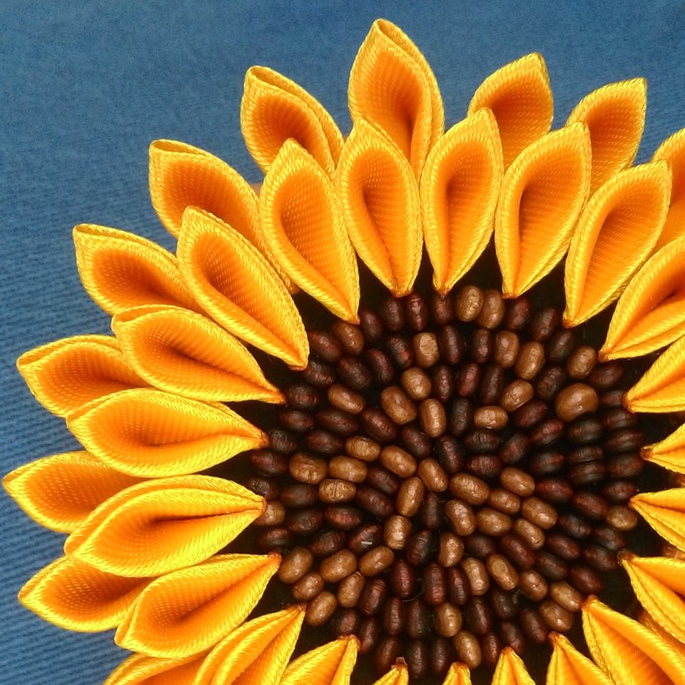 Medium sunflower with brown wood beads embroidery